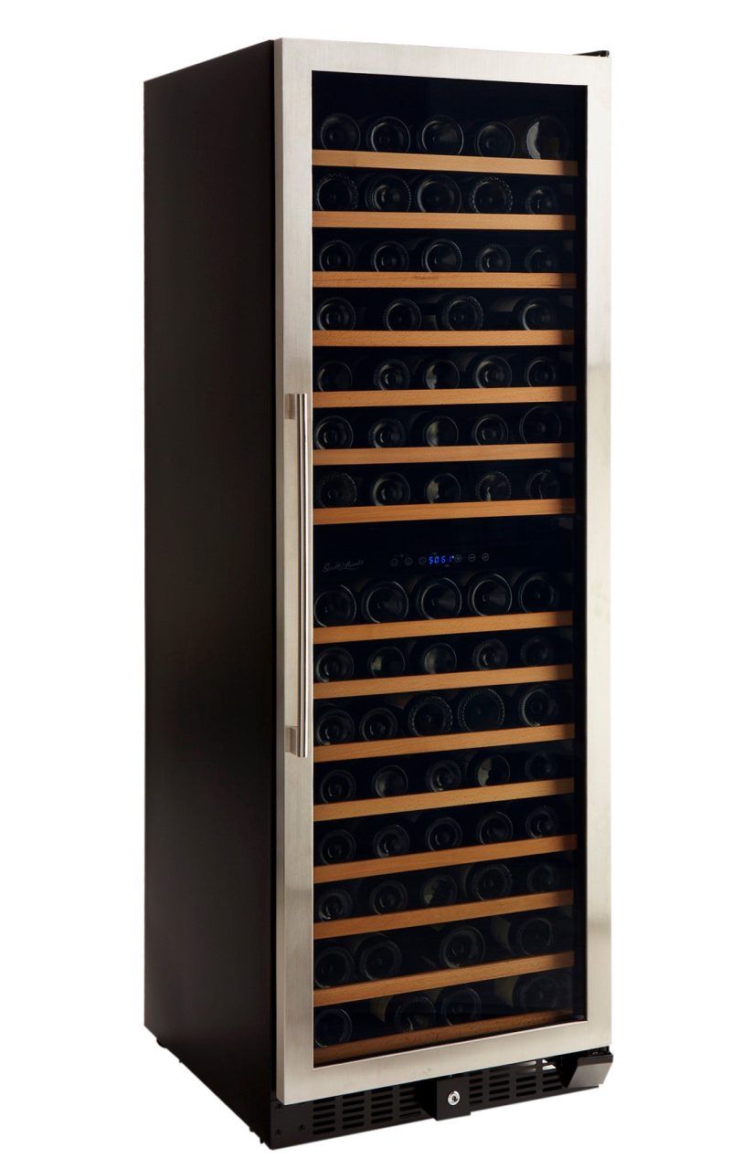 Smith and Hanks 166 bottle wine refrigerator dual zone RW428DRE premium seamless stainless steel angle