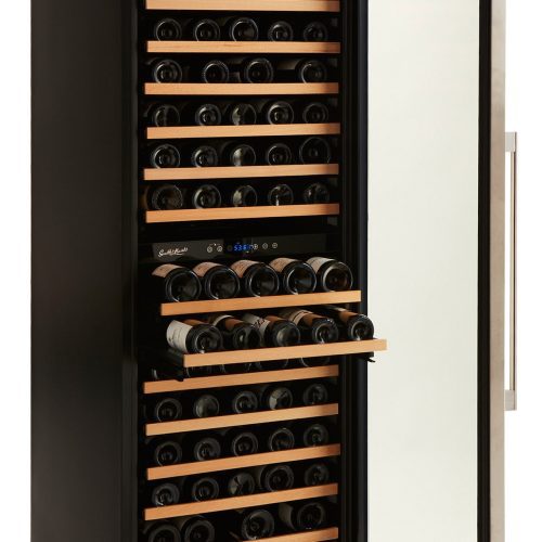 Smith and Hanks 166 bottle wine refrigerator dual zone RW428DRE premium seamless stainless steel angle open