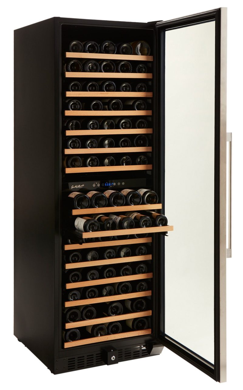 Smith and Hanks 166 bottle wine refrigerator dual zone RW428DRE premium seamless stainless steel angle open