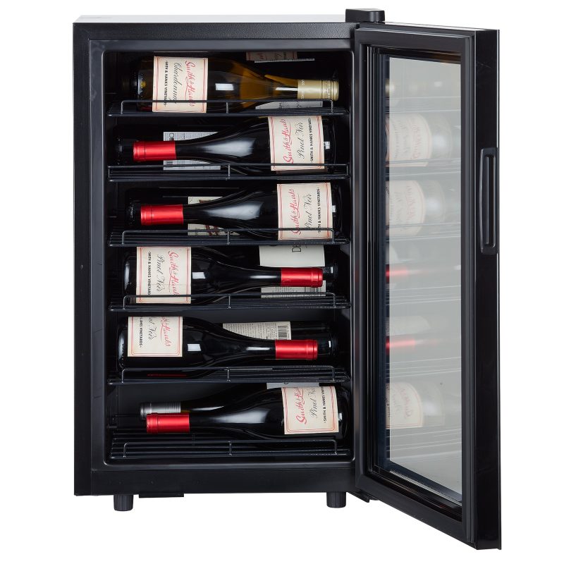 Smith and Hanks 22 Bottle Wine Cooler single zone RW70 modern black glass door open