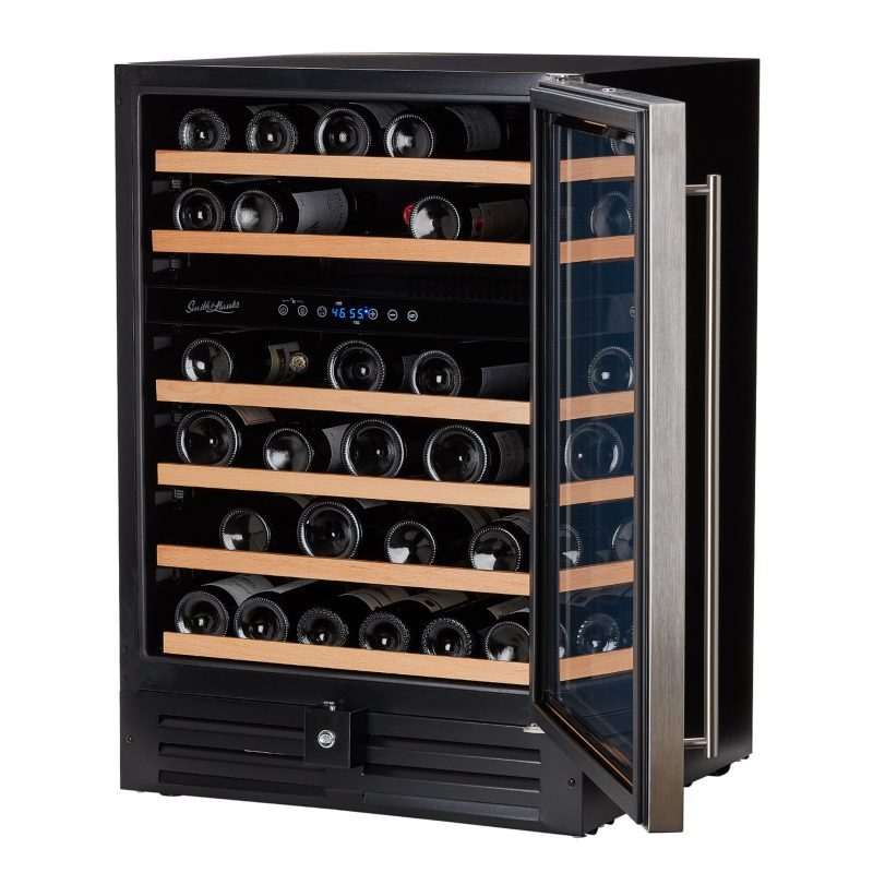 Smith and Hanks 46 bottle wine cooler dual zone RW145DRE premium seamless stainless steel angle open