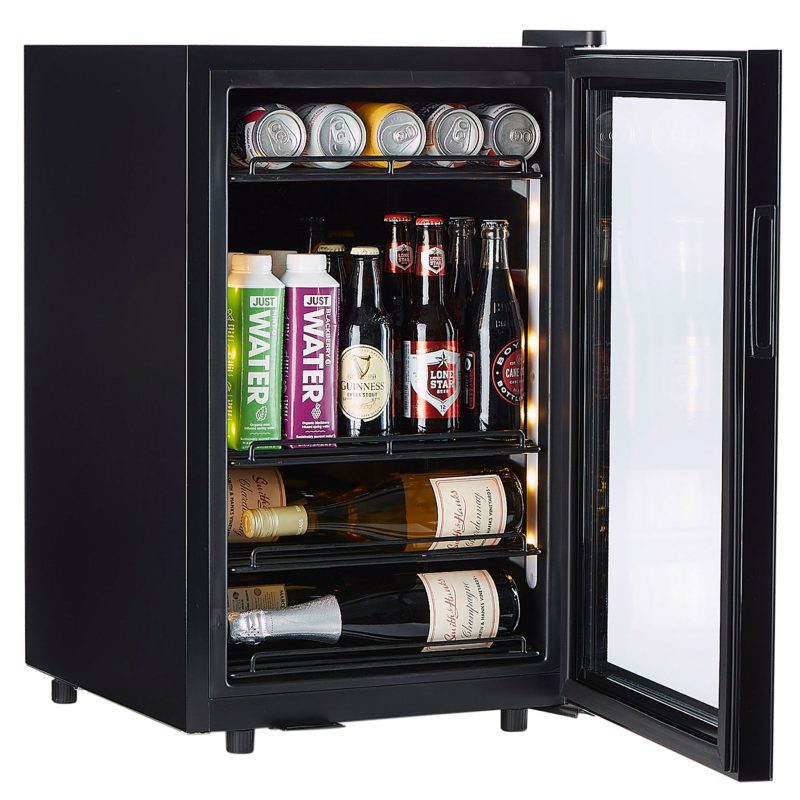 Smith and Hanks 80 can beverage cooler single zone BEV70 modern black glass angle open