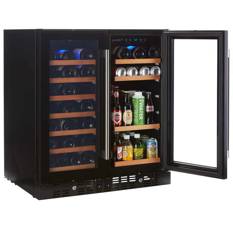 Smith and Hanks wine and beverage cooler dual zone BEV176D modern black glass angle door open 2