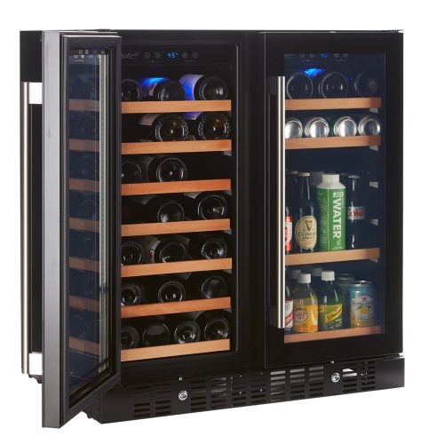 Smith and Hanks wine and beverage cooler dual zone BEV176D modern black glass angle door open