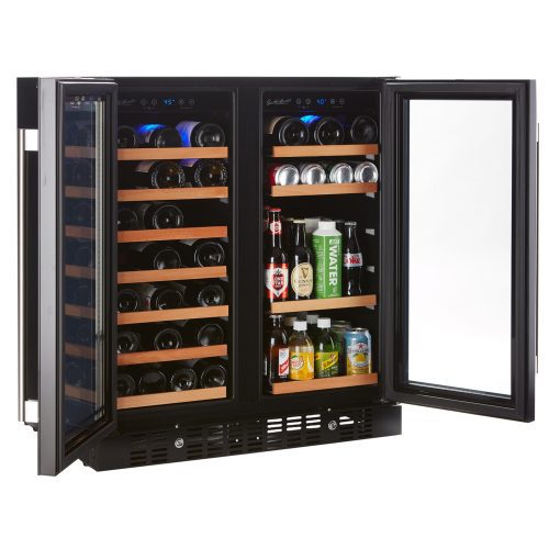 Smith and Hanks wine and beverage cooler dual zone BEV176D modern black glass angle open