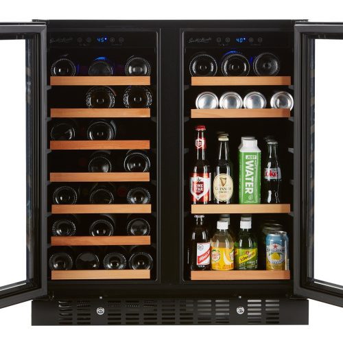 Smith and Hanks wine and beverage cooler dual zone BEV176D modern black glass front doors open