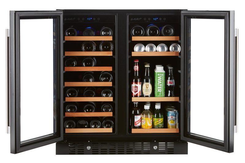 Smith and Hanks wine and beverage cooler dual zone BEV176D modern black glass front doors open